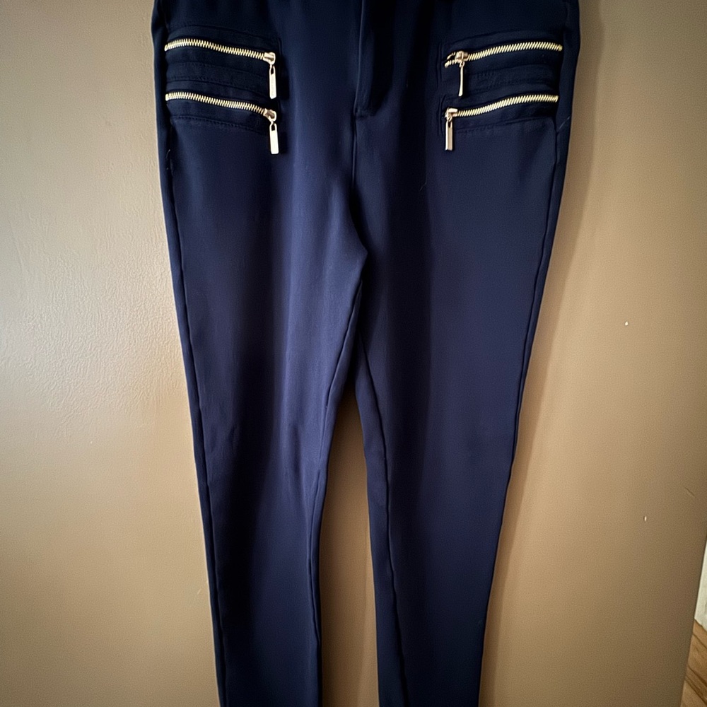 Stylish Navy Pants with Gold Zipper Accents